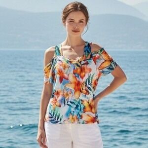 Sea & Anchor Xl Top Stretch Tunic Cold Shoulder SS Hibiscus Flowers Flowy Bright